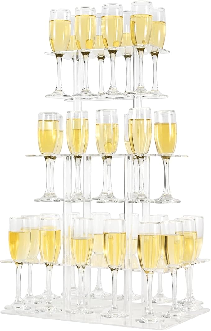 Champagne Tower, Rectangle Acrylic Champagne Display Rack Stand with 32 Slots, 3 Tier Floating Sight Champagne Flute Holder for Party, Wedding, 17.3x11.8x25.5 inch