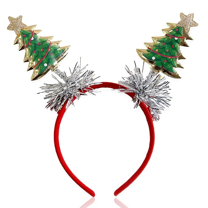 Christmas Headband for Women, Fashion Green Christmas Tree Headband with Gold Edge & Silver Tassels, Xmas Party Headpiece Festival Holiday Photo Prop Hair Accessories (1PC)