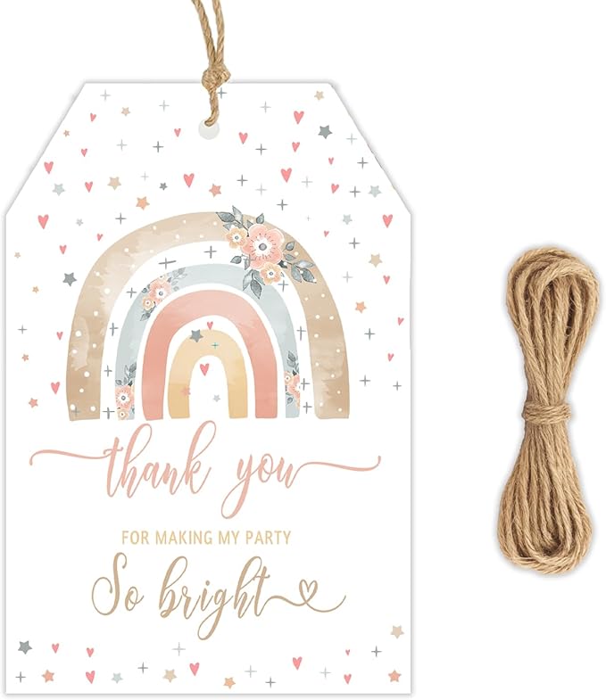 Thank You Tags, 50PCS Rainbow Tags, Boho Pastel Gift Tags with String, 2.2"x3.3" Paper Thank You Tags for Baby Shower, Birthday, Wedding, Party Favors (Rainbow Thank You)