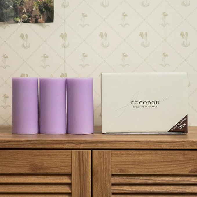 COCODOR Scented Pillar Candles, 3x6 Inch, Refreshing Air, Candle Set of 3, Long Buring 85 Hours, Candles for Weddings, Party, Dinner, Home Decor.