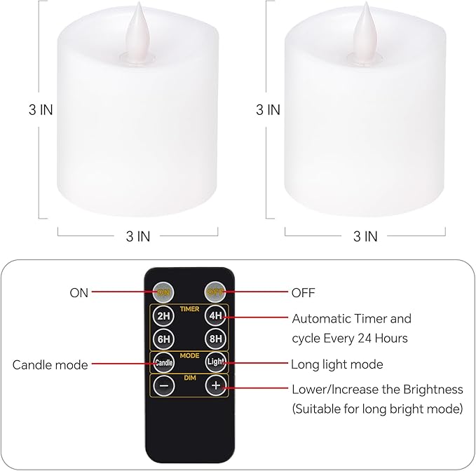 3x3 Flameless Candles Battery Operated with Remote Timer, Last 600 Hours Battery Candles Flickering, White Real Wax Electric LED Candle for Wedding Party, Set of 2