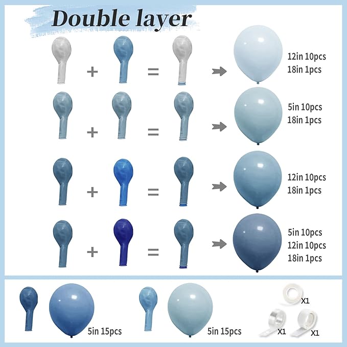 Dusty Blue Balloon Arch Kit | Double Stuffed Dark Light Baby Blue Garland with Navy & Cream White Balloons for Neutral Baby Shower, Gender Reveal, Wedding Decor