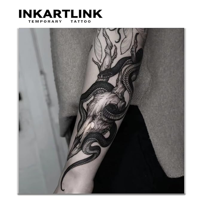 INKARTLINK Tattoo Tech, 2 Sheets Large Semi Permanent Tattoo, Adult Art Design Temporary Tattoos, Lasts 1-2 Weeks, Waterproof, Realistic Look, No Adhesive, No Reflection (Snake Design)