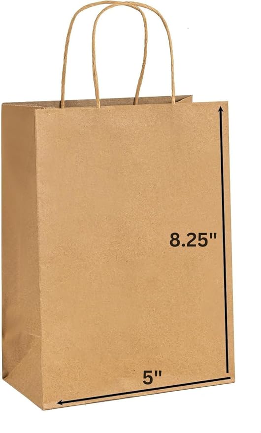 JET PAPER BAGS 100 Pack 5x3x8.25 Inch Small Paper Gift Bags with Handles Bulk, Brown Kraft Paper Bags for Grocery Shopping Retail Bags, Birthday Party Favors Wedding Bags