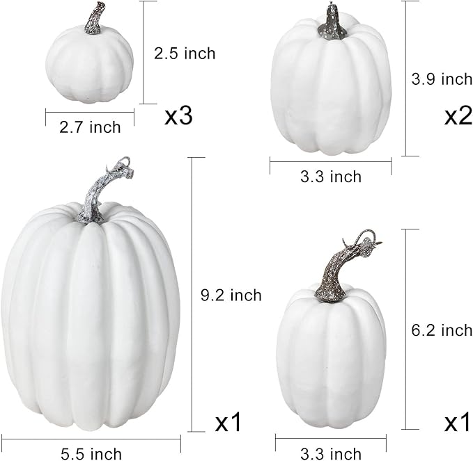 Lvydec 7pc Assorted Size White Pumpkins Craft Pumpkins for Halloween Thanksgiving Autumn Festive Party Supplies