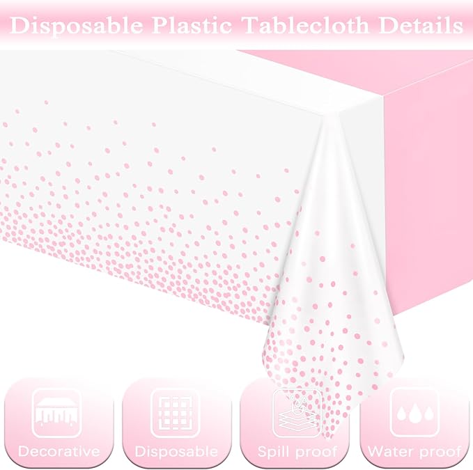 WNINK 4 Pack White and Light Pink Tablecloths, Light Pink Disposable Plastic Waterproof Table Cover, 54" x 108", for Birthday, Baby Shower，Wedding, Bridal Shower, Picnic Camping Parties