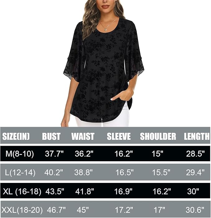 Ninedaily Women's Tops 3/4 Sleeve Blouses Dressy Casual Double Layers Mesh Tunic Shirts