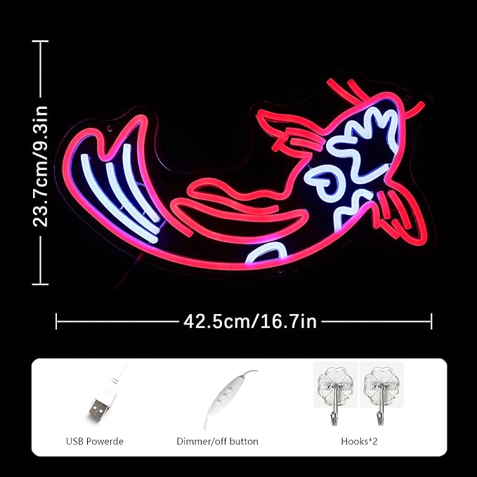 Koi Fish Neon Sign Koi Carp Neon Lights Japanese Fish Led Neon Red Blue Lucky Fish Neon Signs for Wall Decor 17”x9.5”with USB/Switch for Bar, Restaurant, Office, Living Room