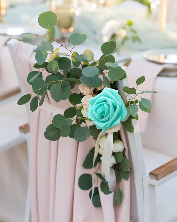 JOYLEX Artificial Flowers Realistic Roses, 50pcs Real Looking Fake Roses with Stem for DIY Wedding Bouquets Centerpieces Bridal Shower Party Home Romantic Decorations (Turquoise)