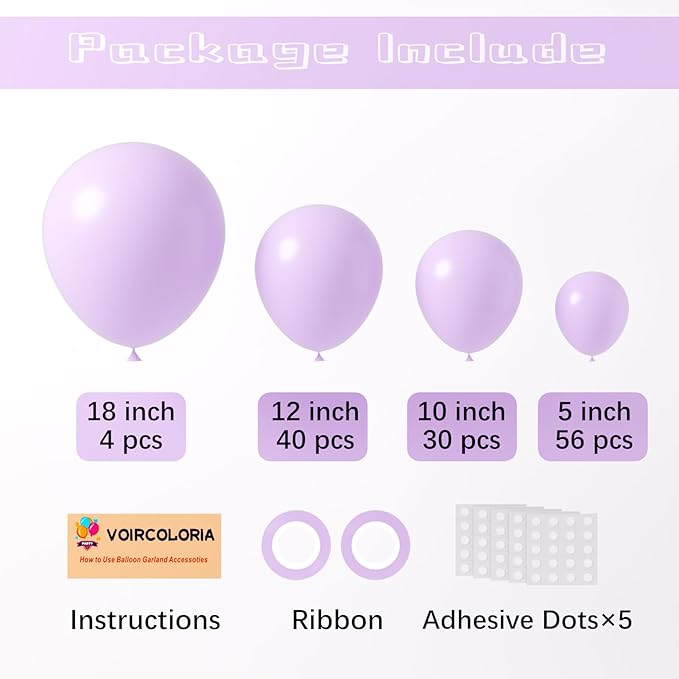 130pcs Pastel Purple Balloons Different Sizes 18" 12" 10" 5" Light Purple Latex Balloon Garland Arch Kit for Birthday Baby Shower Graduation Wedding Gender Reveal Party Decorations