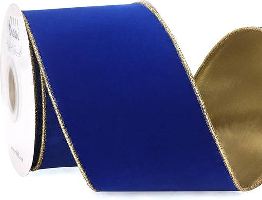 Ribbli Royal Blue Velvet Wired Ribbon 4 Inch Luxury Matte Velvet Christmas Ribbon for Gift Wrapping Christmas Tree Decoration Crafts Wreaths Supplies - 10 Yards