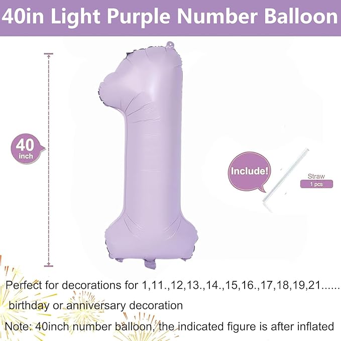 40 Inch Purple Number Balloons Light Purple 1 Balloon Matte Purple Birthday Balloons 0-9 Birthday Wedding Party digital Decorations (Number 1)
