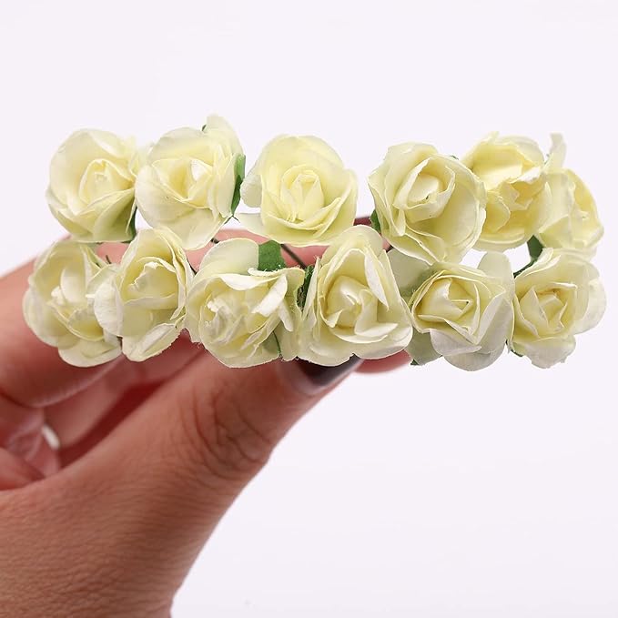 144pcs Mulberry Paper Mini Roses Artificial Flowers Heads with Stems for DIY Crafts Accessories Make Bridal Hair Clips Headbands Dress Wedding Bridal Bouquet Party Home Decor Valentine's (Ivory White)