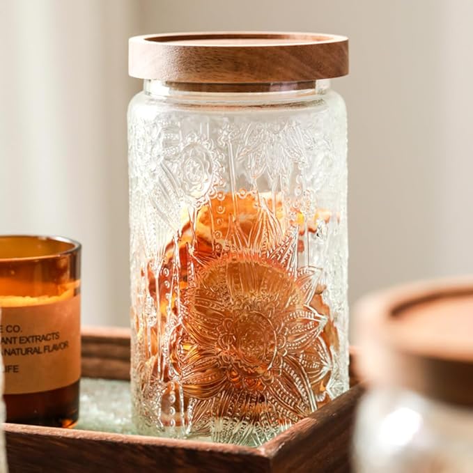 ANSQU Vintage Glass Storage Jar, 34oz Glass Canister Storage Jar Container with Airtight Wooden Lid for Kitchen Counter, Pantry, Coffee, Tea, Sugar, Cookie Jars (Round-Sunflower)