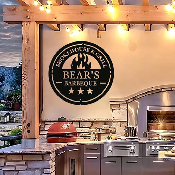 Custom Smokehouse and Grill Metal Sign , Personalized Barbeque Wall Art for Backyard, Outdoor Kitchen, Patio, Man Cave , BBQ Grill Sign, Rustic Bar Decor, Unique Housewarming Gift for Dad, Grandpa, Husband