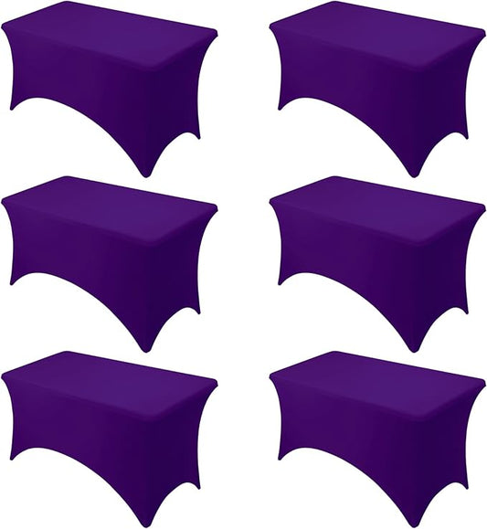 6-Pack Premium Purple Spandex Tablecloths for 4ft Rectangle Tables, Stain & Wrinkle-Resistant, Washable Stretch Polyester Fitted Table Cover for Weddings, Banquets, Trade Shows Events