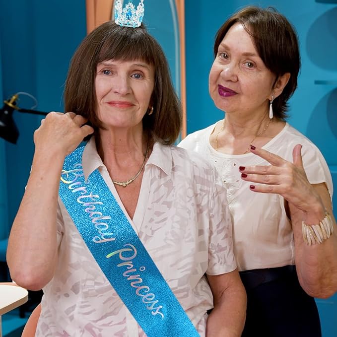 Birthday Princess Sash for Women Tiara & Crowns Headbands for Girls Happy Birthday Party Accessories Favor Supllies Leona Blue Silver Pink, 2 Pack