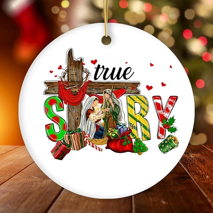 True Story Joseph and Mary Holiday Festive Christmas Ornament, Christian Nativity Gift (Circle)