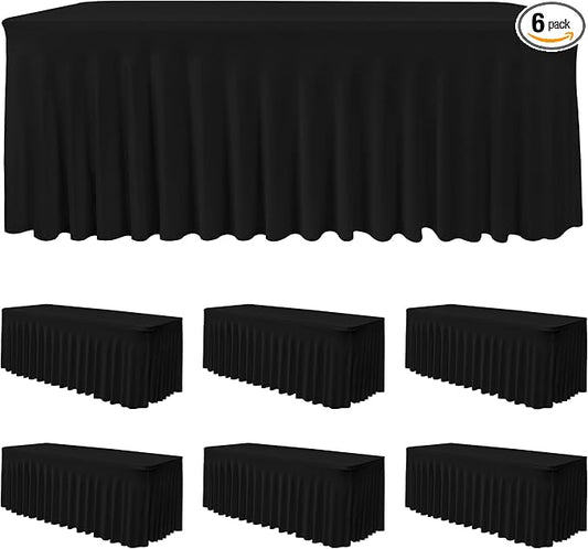 HolidayIdeas Black Spandex Table Skirts for Rectangle Tables 6ft, Fitted Stretch Table Cover 30x72 Inch, Wrinkle-Free Ruffle Design Tablecloths for Banquets,Trade Shows, Parties, Events, 6 Pack