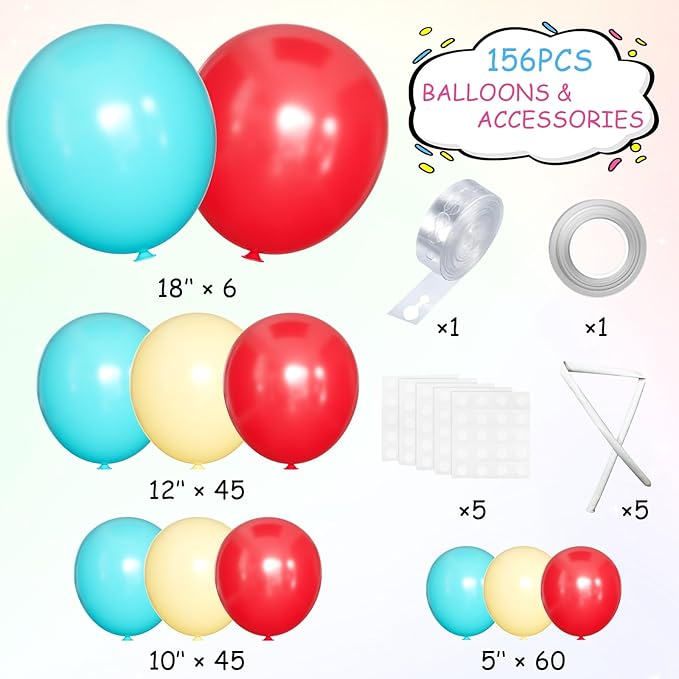 Teal Balloons Garland Arch Kit, 156Pcs Turquoise Blue Macaron Yellow Red Latex Balloon Different Sizes 18 12 10 5 Inch for Birthday Baby Bridal Shower Wedding Party Backdrop Decorations
