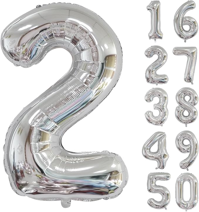 40 inch Silver Number Balloon Giant Foil Helium Balloons Silver Number 2 Balloon for 2nd Birthday Party Anniversary Decorations Supplies