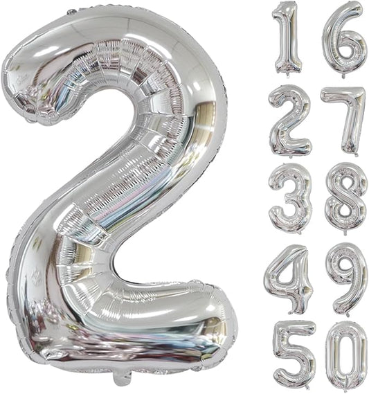 40 inch Silver Number Balloon Giant Foil Helium Balloons Silver Number 2 Balloon for 2nd Birthday Party Anniversary Decorations Supplies