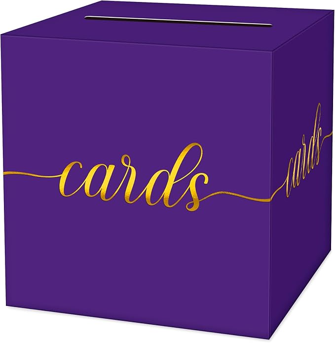 1 Pack Purple and Gold Foil Card Box for Party, 8.7" Purple Gift Card Box Money Box for Birthday, Wedding, Baby Shower, Retirement, Anniversary, Bridal Shower, Graduation, Raffle Ticket