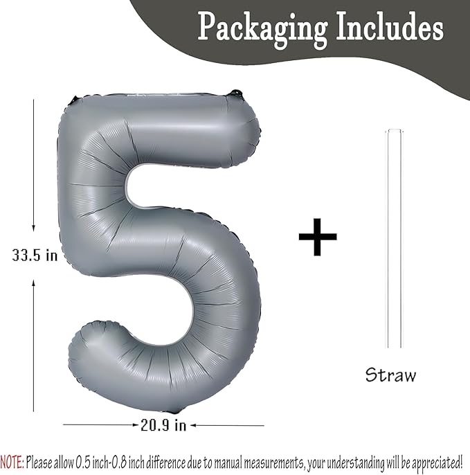 40in Gray Number 5 Balloons Big Foil Mylar Party Balloons for Girls Boys 5th Birthday Party Decorations Supplies