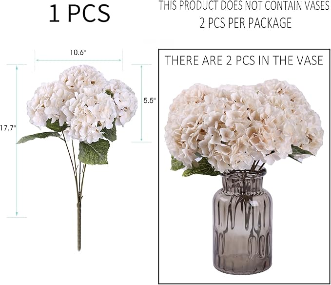 Kimura's Cabin 2Bouquets Fake Hydrangea Flowers Vintage Artificial Silk Flowers Bouquets 10Heads for Home Table Centerpieces Wedding Party Decoration (White, Pack of 2)