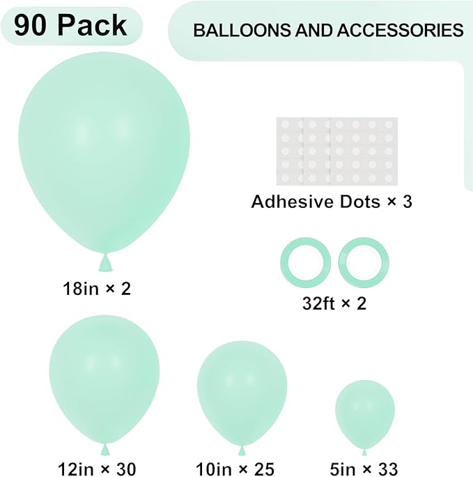 90pack Mint Green Balloons Different Size 18/12/10/5 Inch Pastel Green Balloon Garland Arch Kit for Baby Shower,Graduation, Wedding, Birthday, Gender Reveal, New Year Decorations