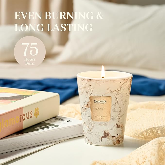 M&SENSE Santal Scented Candles for Home, 3 Wick Highly Scented Jar Candle, 14.1 Oz 80H Long Lasting Burning Christmas Candle for Women, Aromatherapy Candles for Holiday Christmas Gift