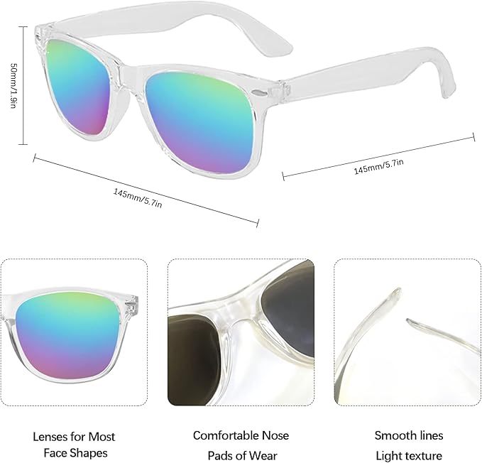 Matcheck 10/18 Pack Neon Colors Party Sunglasses Mirrored lens Colored Glasses Bulk Retro Shades for Unisex Adults Teens