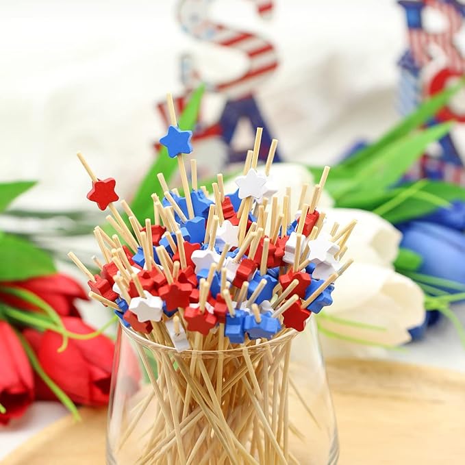 100pcs Red White Blue Star Cocktail Picks Fruit Sticks Food Toothpicks Sandwich Charcuterie Appetizer Skewers, Handmade of Bamboo Wood, for Fourth of July Independence Day Decoration Party Supplies