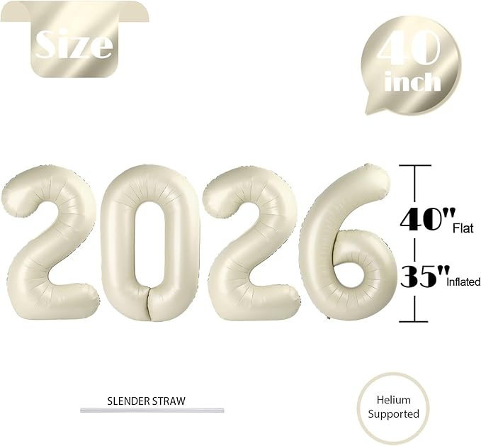 2026 Balloon Numbers - 40 Inch Cream New Years Eve Party Supplies 2026, Nye Decor Party Decorations Happy New Year, New Years Eve Foil Party Balloons