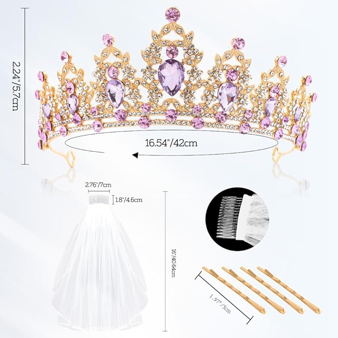 Gold Tiara and Wedding Veil Set - Purple Crown Headband for Bride - Princess Tiara for Women's Wedding, Birthday Party, Anniversary, Bachelorette