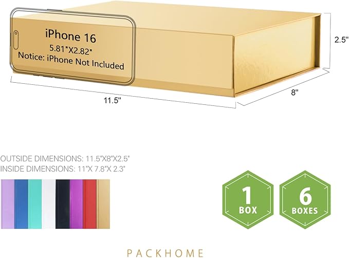 PACKHOME Christmas Gift Box 11.5x8x2.5 Inches, Sturdy Shirt Box with Magnetic Lid for Multiple Occasions (Glossy Gold)