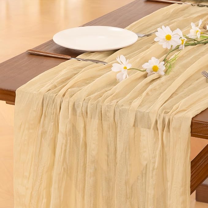 Socomi Gold Champagne Cheesecloth Table Runner Fall Thanksgiving Boho Rustic Gauze 120 inch 10FT Cheese Cloth Runner for Wedding Party Baby Shower Birthday Home Decor Holiday Decorations