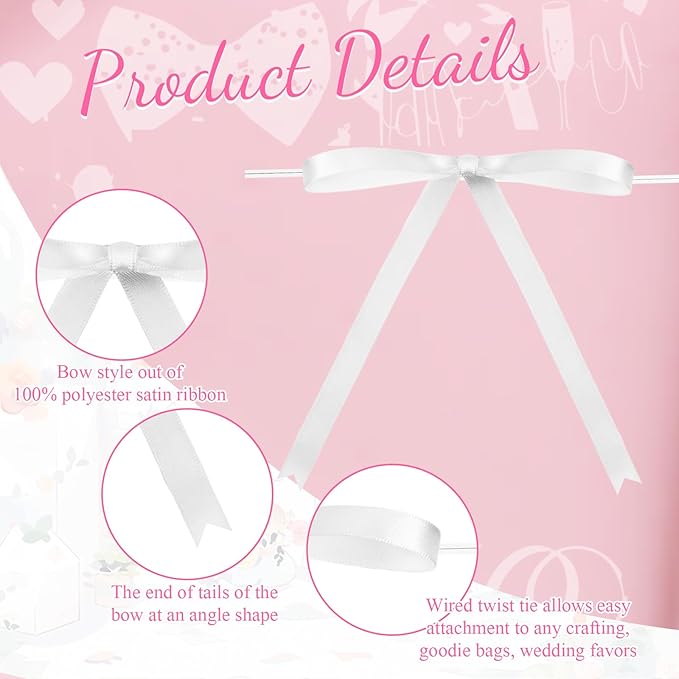 Riceshoot 100 Pcs Twist Tie Bows Bulk 5x7 Inch Satin Ribbon Bows for Gift Wrapping Cake Treat Bags Craft DIY Gift Wedding Baby Shower Birthday Party (White)