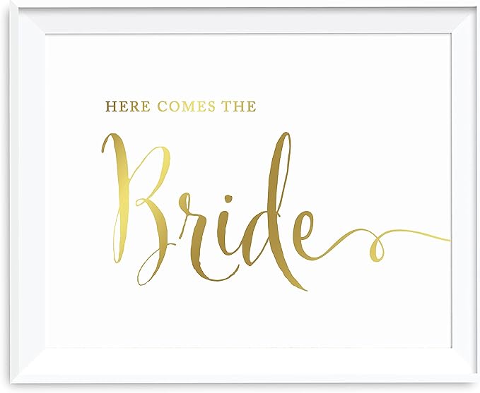 Andaz Press Wedding Party Signs, Metallic Gold Ink Print, 8.5x11-inch, Here Comes the Bride Flower Girl or Ring Bearer Ceremony Sign, 1-Pack, Unframed
