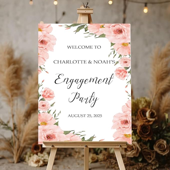 Pink Floral Engagement Party Welcome Sign, Engagement Welcome Sign, We're Engaged Decorations, Engaged Signs, Personalized Engagement Party Signs