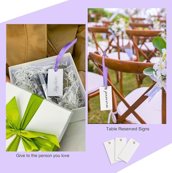 25 Pcs Name Place Cards Blank Seat Card, 2 x 4 in Table Cards with Stain Ribbon, Wedding Place Card, Hanging Tags for Wedding Table Setting Reserved Chairs Signs Dinner Banquet Parties.(Purple)