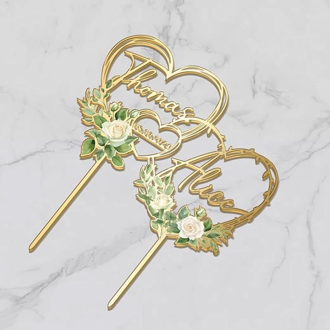 Personalized Hearts Wedding Cake Topper in Acrylic and Wood Custom Bride Groom Names and Wedding Date White Floral Design Cake Decoration