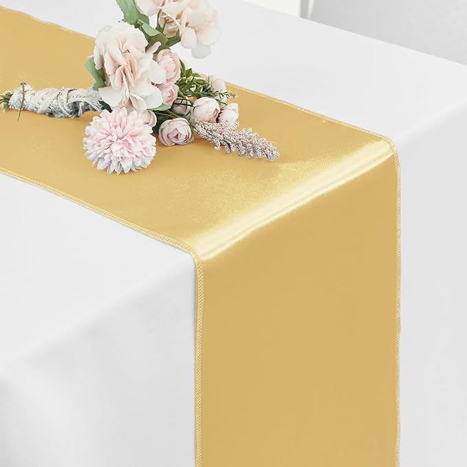 10 Pack Satin Table Runners Light Gold 12x108 Inch Long,Satin Silk Smooth Fabric Table Runner for Wedding,Birthday Party and Banquet Decoration,Chair Sashes,Light Gold