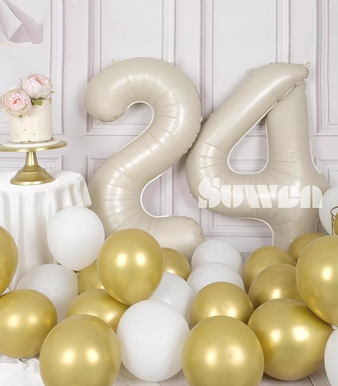 SUWEN 40 Inch Large Cream White 24 Number Balloons Big Foil Helium Number Balloons 0-9 Jumbo Happy 24th Mylar Birthday Party Decorations for Women or Men 42 Anniversary Party Supplies