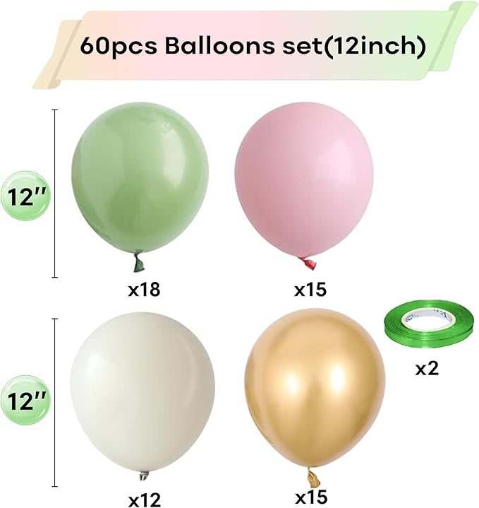 Togvu Sage Green Pink Balloon, 60 Packs 12 Inch Olive Green Pink Balloon with Sand White Metallic Gold Balloons for Girls Baby Shower Birthday Jungle Safari Woodland Party Decorations
