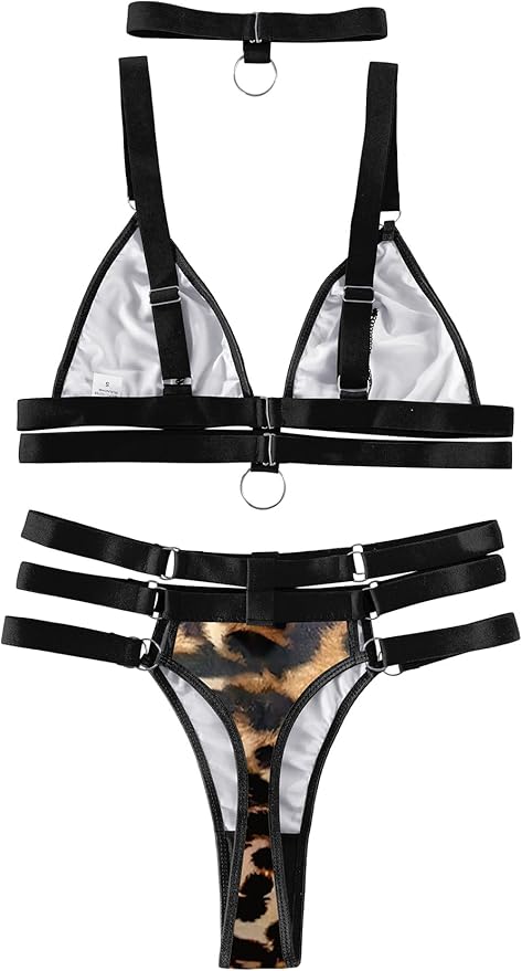 Lilosy Sexy Wireless Choker O Ring Linked Strappy Harness Lingerie Set Outfits 3 Piece