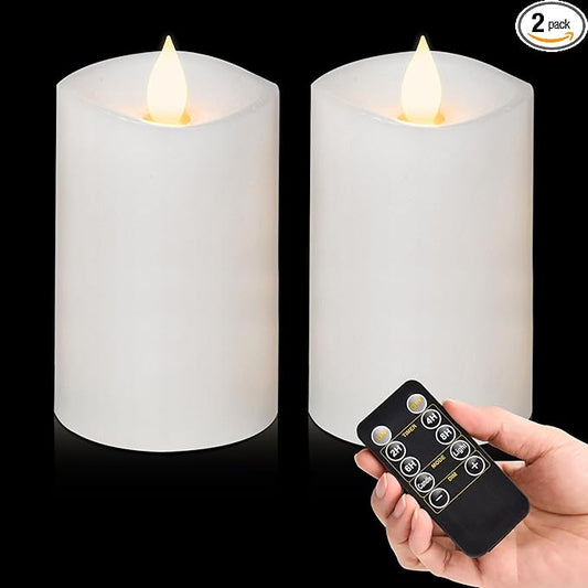 2PCS, 3 x 5 inches Flameless Candle with Remote Control, 3D Flickering Wick, Real Wax Pillar LED Candles, Battery Operated Candles,with Timer,for Holiday Home Decor,White