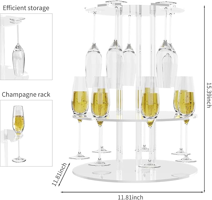 Champagne Tower, Circle Acrylic Drink Tower and Cocktail Tree Stand, Wine Rack with 12 Slots, 2 Tiers Floating Sight Champagne Flute Holder for Party, Wedding, School, Celebration, 11.8x11.8x14.9 inch, 2Pcs