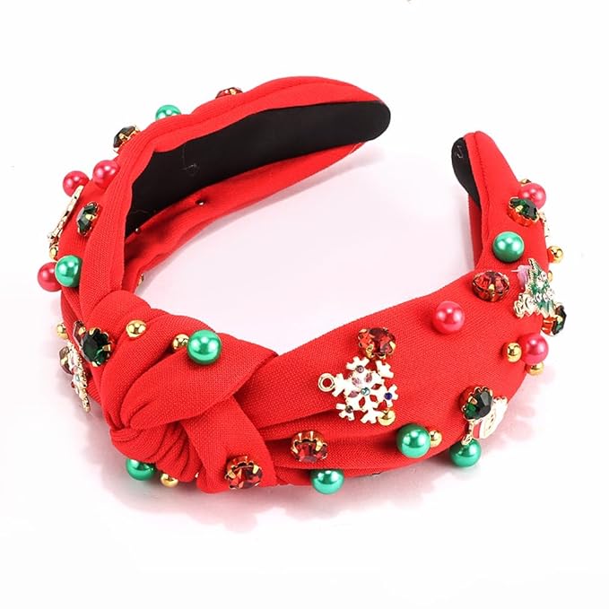 TODDER Red Christmas Knotted Headband, Santa Trees Embellished Pearl Rhinestone Headband for Women and Girls Christmas Hair Accessories Costumes and Gifts for Themed Parties and Holiday