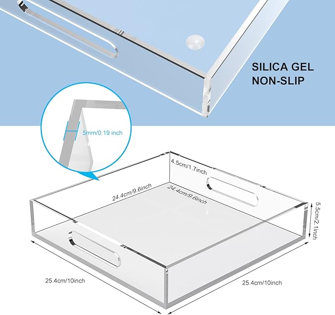 Home Decorative Coffee Table Tray, 10"x10" Elegant Acrylic Serving Trays with Handles Works for Eating, Breakfast, Makeup Drawer Organizer,Bathroom Vanity Table,Ottoman Tray, Clear